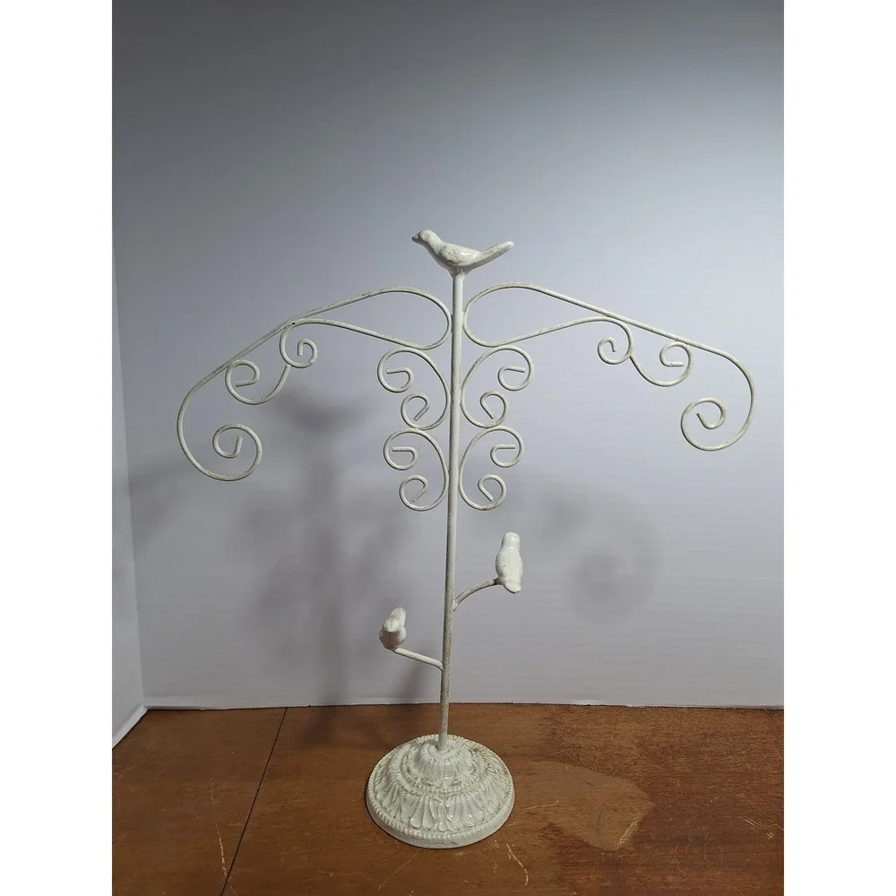 Shabby Chic Metal Bird Jewelry Stand Tree Necklace Organizer Distressed White